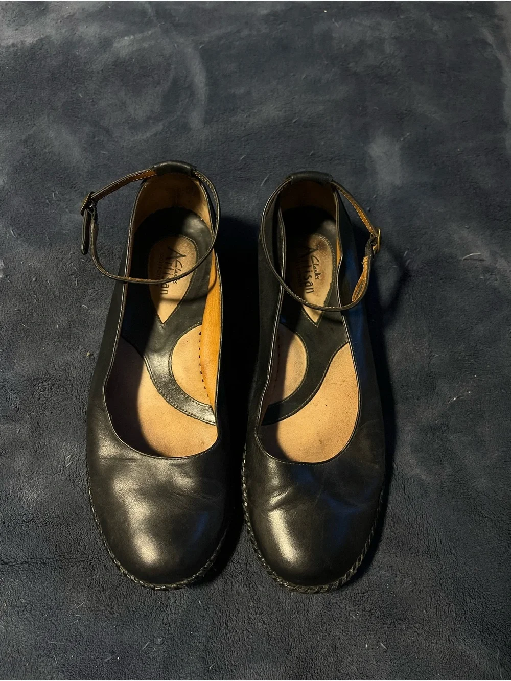 Clarks Black Leather Ankle-Strap Wedge with Carved Detail